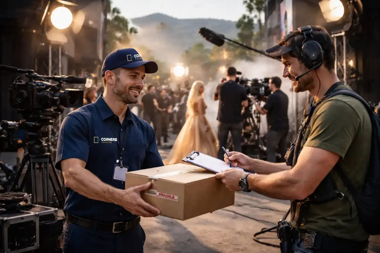 A courier van moving quickly through an urban Georgia setting