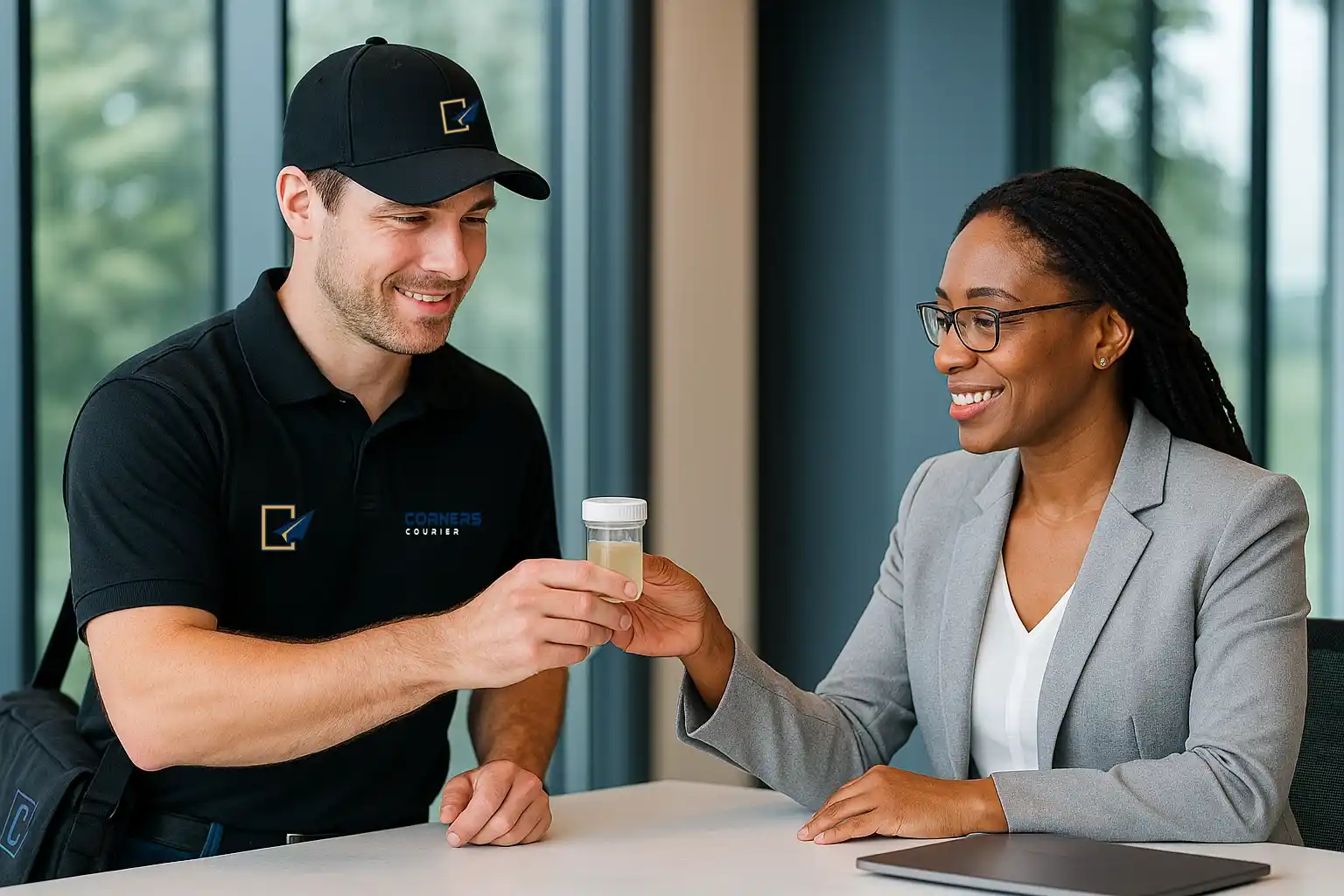 Courier handing environmental sample to laboratory professional
