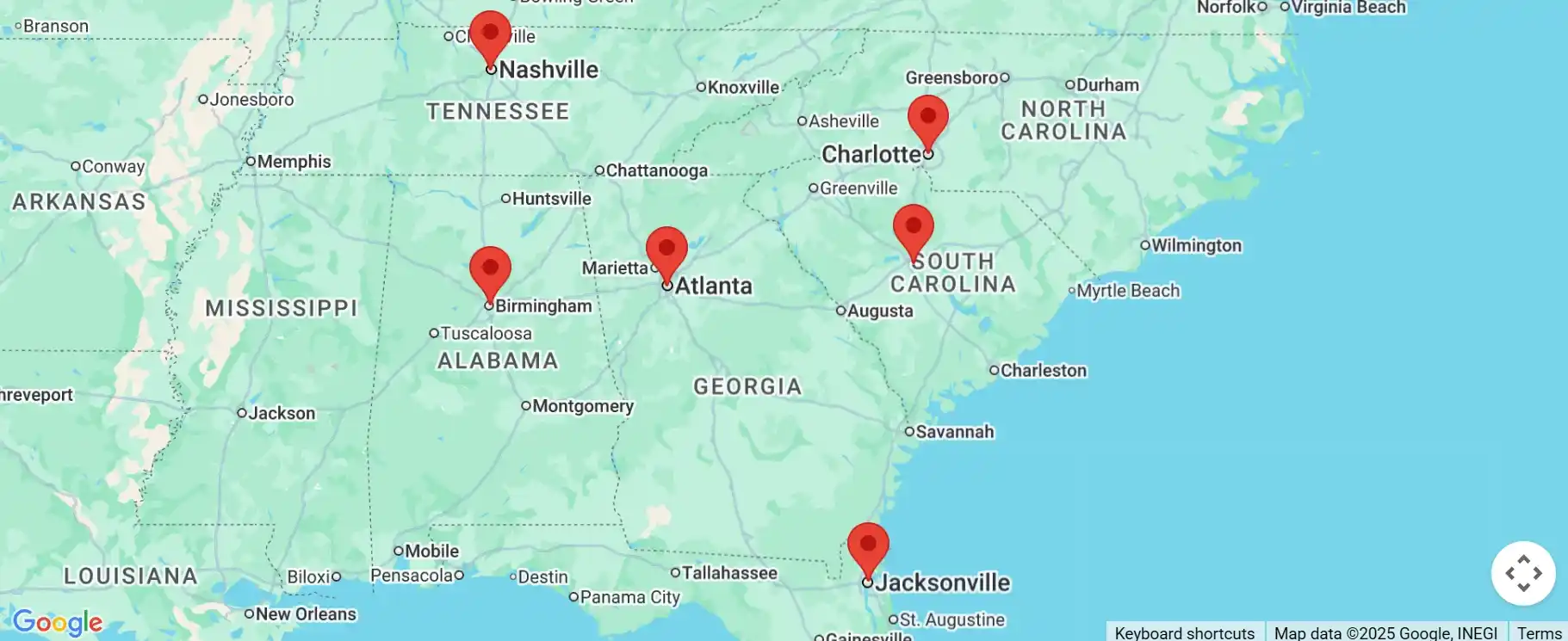 Map of Southeastern United States showing service coverage