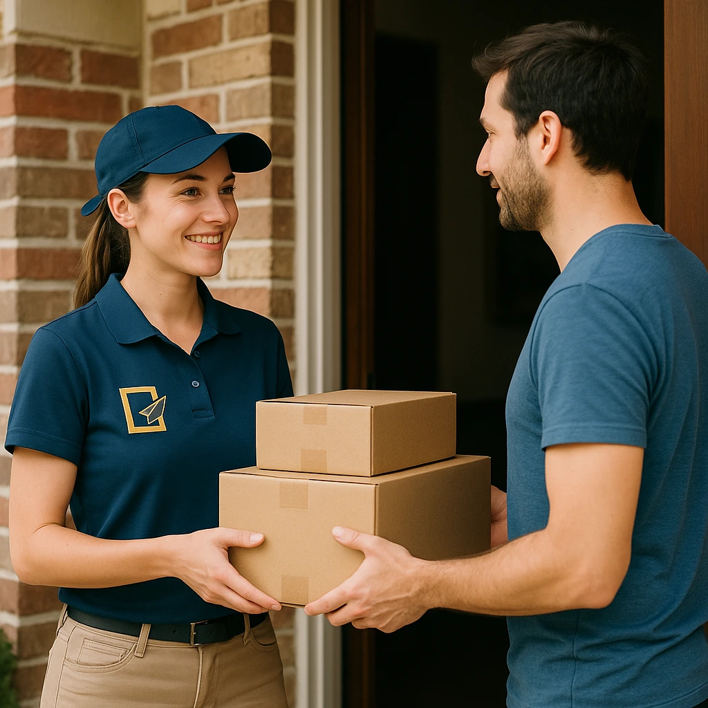 Courier delivering business package on time